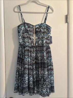 Guess Blue and Black Printed Spaghetti-Strap Mini Dress